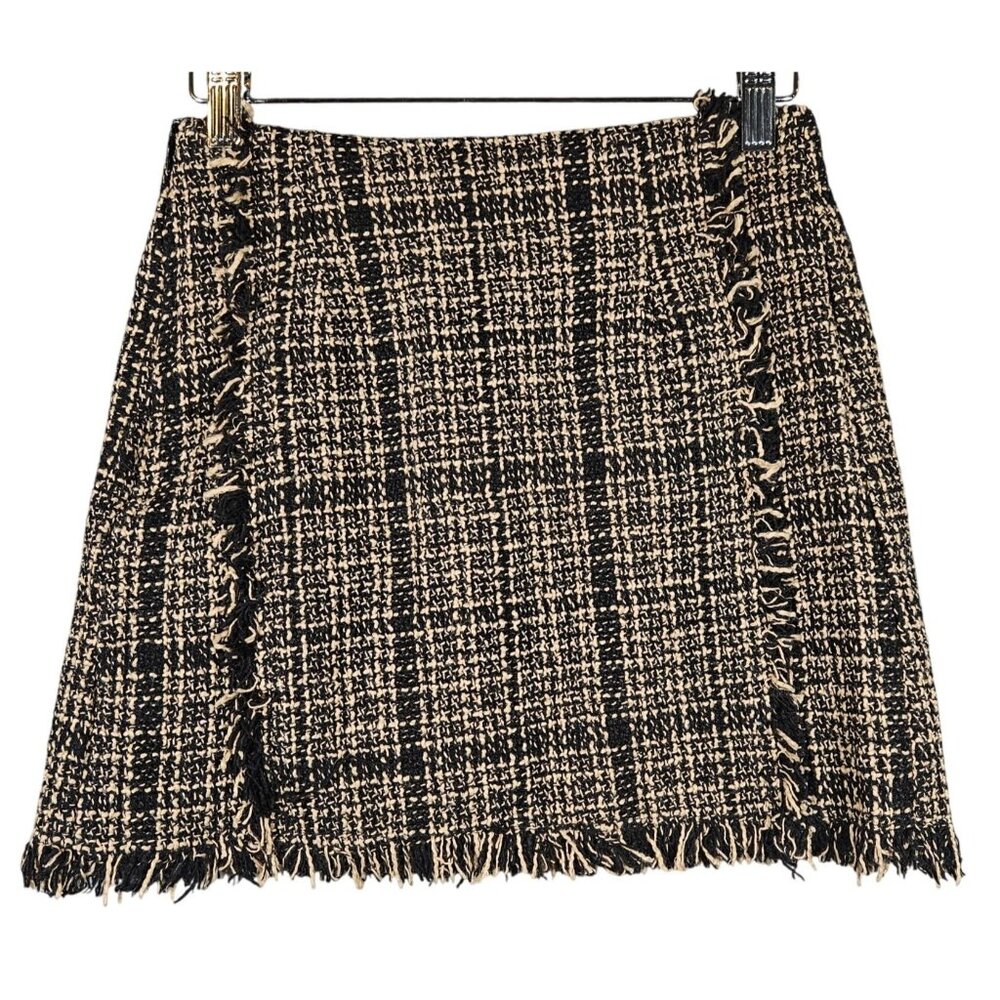 Tweed Fringed Mini Skirt In Black & Beige By Shein